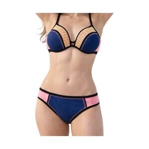 Victorias Secret Bikini Size Large 36C Bombshell 2 Pc  Blue Pink Crochet Molded